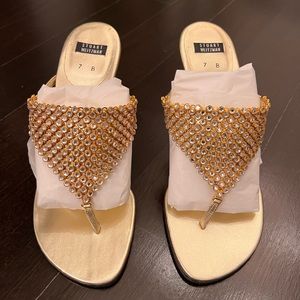 Stuart Weitzman Gold 7 B Crystal Embellished Sandal New
